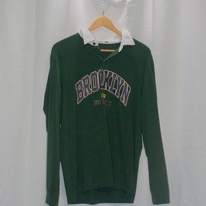 Men's Large Green Collar Shirt with Brooklyn New York Design